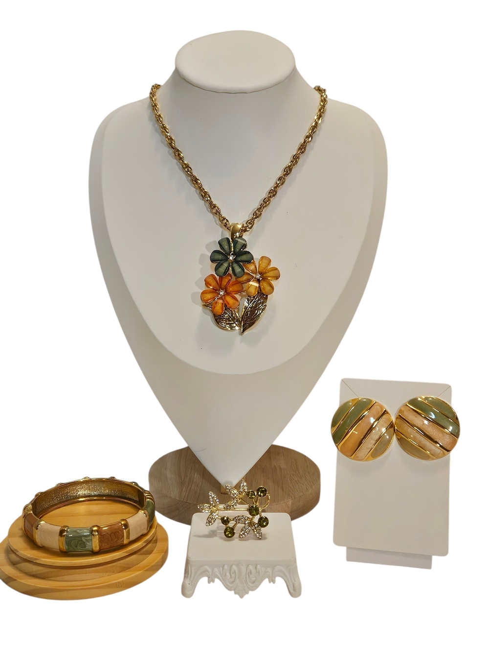Gold-Tone Green & Orange Floral Pendant Necklace Set
